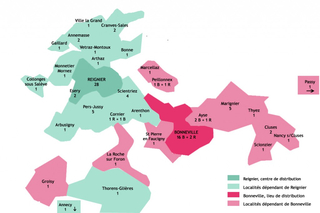 Zone de répartition de l'AMAP à partir de ses deux lieux de distribution : Reignier et Bonneville. La mention R+B signifie que des adhérents de la zone de Bonneville retirent leurs paniers à Reignier et B+R que des adhérents de la zone de Reignier retirent leurs paniers à Bonneville. (Annemarie - octobre 2015)